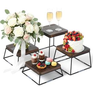 MyGift Dessert Table Display Set, 4pcs Food Risers, Brown Wood Buffet Risers, Pizza Stand with Matte Black Metal Wire Base, Dessert Display Stands