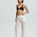 QJQ Women's Floral Lace Sheer Mesh Flare Pants Elastic High Waisted Bell Bottom Sexy See Through Trousers (White, M)