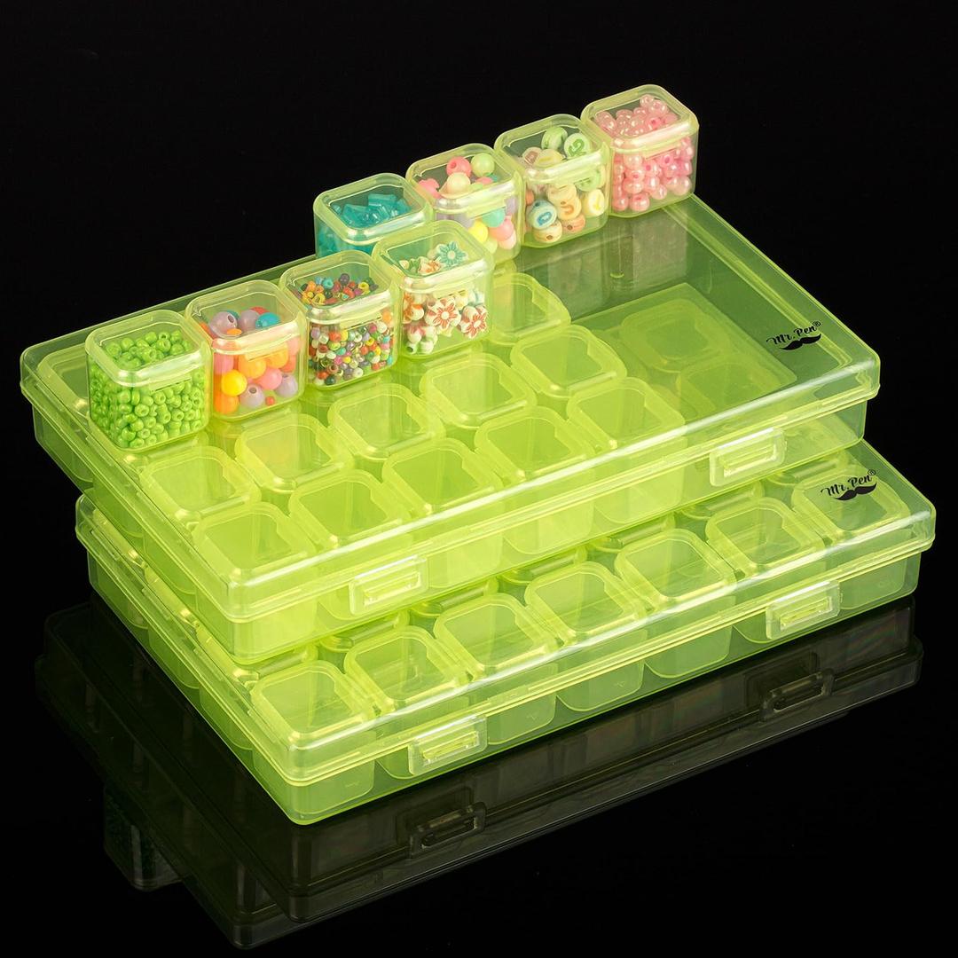 Mr. Pen- Bead Storage Containers, 28 Grids, 2 Pack, Transparent Green Small Bead Organizer Box (2 Pack-56 Pcs(6.8"x4.4"x1"))