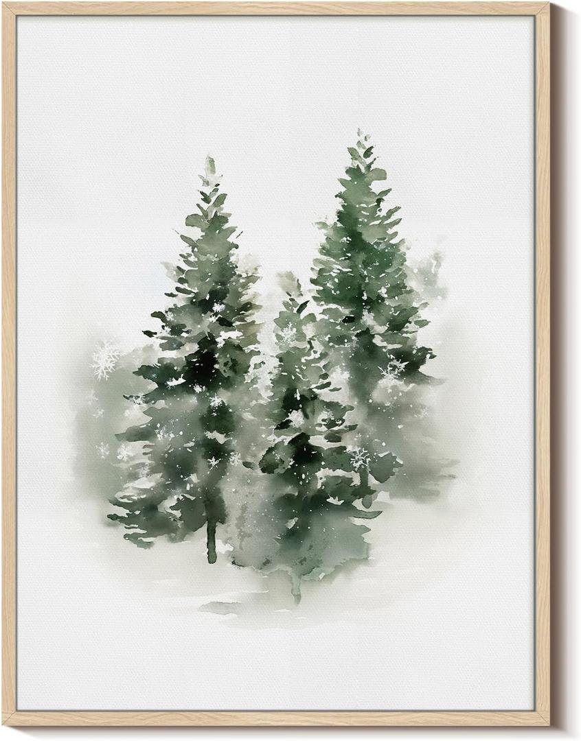 Vintage Three Green Pine Trees Framed Canvas Print Christmas Wall Art, 12x16 Winter Snowy Forest Holiday Nordic Painting Artwork, Rustic Scandinavian Living Room Bedroom Farmhouse Home Decor