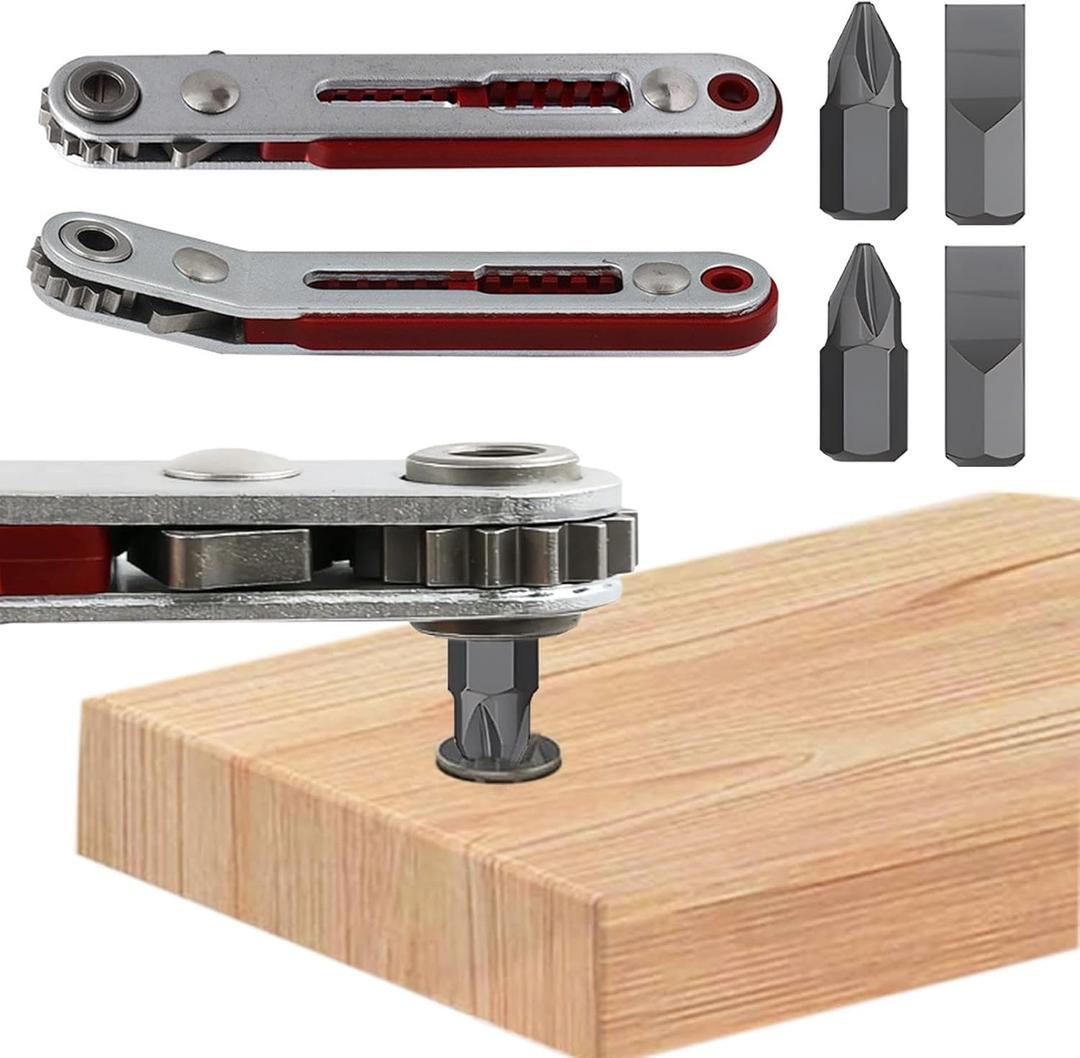 EMVANV Mini Ratchet Wrench Screwdriver Set - 2 Pcs Elbow Head & Flat Head 1/4 Inch Hex Bit Drive, Reversible Handle, Offset Design for Tight Areas