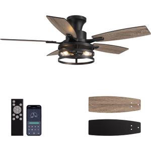 42 Inch Flush Mount Ceiling Fans with Lights and Remote Control, Farmhouse Ceiling Fan with LED Lighting for Bedroom Living Room and Patio, Black Caged Ceiling Fan for Indoor and Outdoor(NO Bulbs)