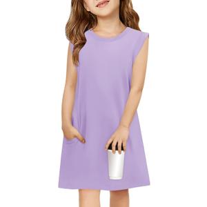 Haloumoning Girls Sleeveless Summer Dress Kids Casual Crewneck Loose Beach Short Dresses with Pockets 5-14 Years (11-12 Years, Purple)