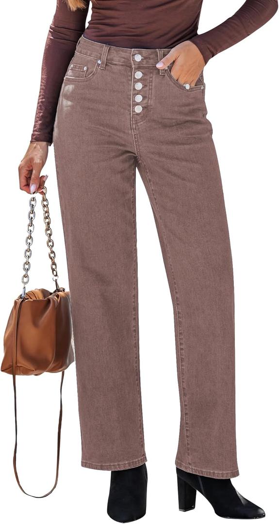 GRAPENT Wide Leg Jeans for Women High Waisted Trendy Button Fly Stretchy Denim Pants Vintage Straight Leg Trouser Jeans (X-Large, Pecan Brown)