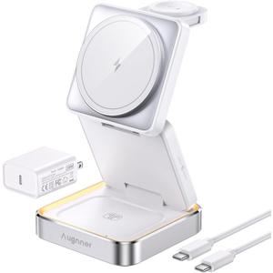 2025 Upgraded Wireless Charger 3 in 1, Foldable Wireless Charging Station with Light for Apple MagSafe Charger, Travel Magnetic Charger for iPhone 16/15/14/13/12 Apple Watch AirPods (20W Adapter) (white)