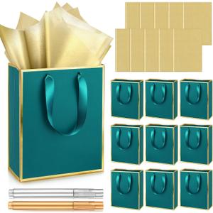 Yeaqee 10 Pack Metallic Paper Gift Bags with Handle Tissue Paper Thank You 5 Senses Gift Bag for Birthday Wedding Baby Shower Groomsmen Bridal Graduation Party Favor 9 x 7 x 3.15''(Turquoise,Gold)