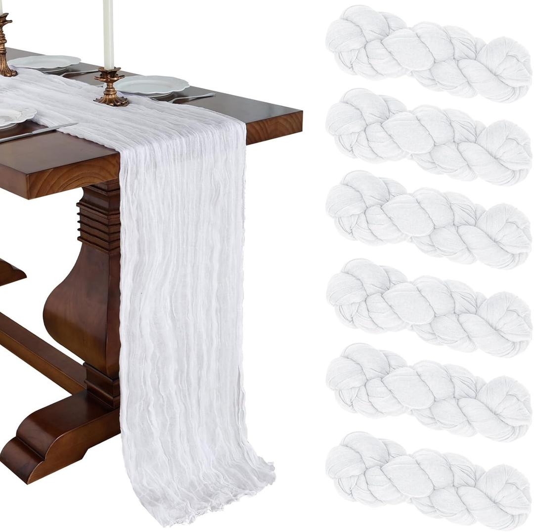 6 Pack 10FT White Cheesecloth Table Runner 120 Inch Long Gauze Rustic Boho Spring Cheese Cloth Table Runner Sheer Fabric Decorations for Holiday Party Wedding Banquet Bridal Baby Shower Dcor