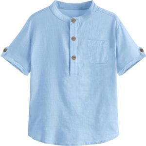 Boys Short Sleeve Henley Shirt Button Up Linen Cotton Dress Shirts Tees Tops with One Pocket (9-10 Years, Sky Blue)