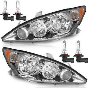 Headlights Assembly with Bulbs for 2005 2006 Toyota Camry LE XLE Halogen Headlamp Replacement Driver & Passenger Side (Chrome | With High & Low Beam Bulbs)