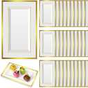 Uiifan 30 Pcs Plastic Serving Tray Bulk White Gold Rim Elegant Rectangle Disposable Plastic Dessert Table Display Set Serving Trays Platter for Weddings Birthday Party Food Fruit Dessert 8 x 13 Inch