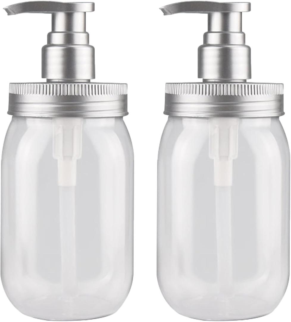 Qeuly 16oz Soap Dispenser, 2 Pack Plastic Pump Bottle Dispenser, Refillable Wide Mouth Jar Style Bathroom/Kitchen Containers for Shampoo, Conditioner, Body Wash, Lotion, Hand Soap & Dish Soap