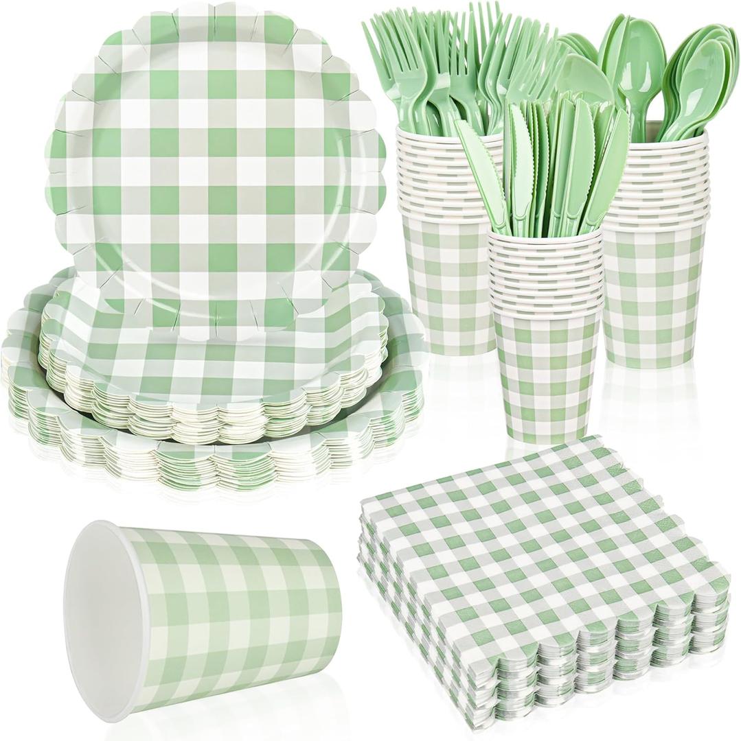 175Pcs Gingham Party Supplies for 25 Guests Scalloped Plates and Napkins set Green and White Paper Plates Disposable Plaid Cocktail Napkin Checkered Dinner Party Set Cutlery for Baby Shower Wedding
