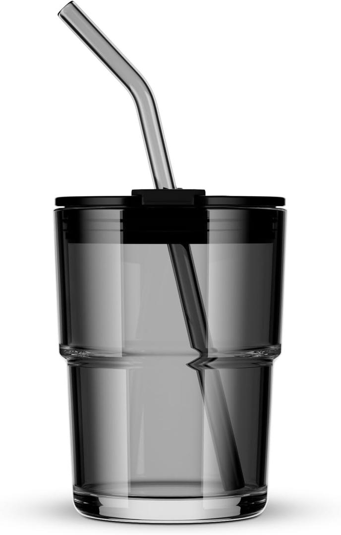 13oz/400ml Tumbler Water Glass, Water Bottle with Straw and Lid Sealed Carry on, Glass Coffee Mug Iced Tea Cup Thick Wall Insulated Glass Cup (Gray)