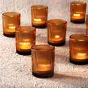 Homemory 12 Pcs Glass Votive Candle Holders, Amber Tealight Candle Holder, Vintage Candle Holders Bulk for Table Centerpieces, Christmas, Baby Shower, Birthday, Wedding, Party