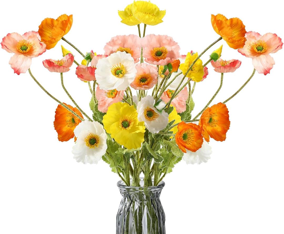 16 Pcs Silk Artificial Poppy Faux Poppy Spring Flowers for Home Kitchen Wedding Decorations Floral Arrangement Table Centerpieces Vase Bouquet (Mixed Colors)