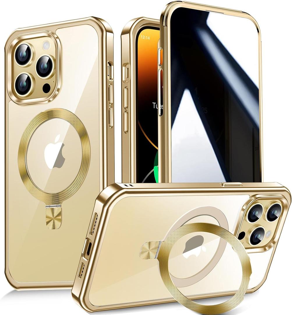 [CD Metal Ring Stand + Built-in Privacy Screen Protector] Magnetic Case for iPhone 14 Pro Max 6.7" [Soft Bumper Full Signal] [Compatible with MagSafe] 9H Glass Full Body Shockproof Clear Case, Gold