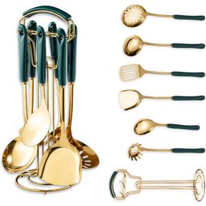 Gold Kitchen Utensils,7pieces Gold Cooking Utensils Set,Kitchen Tools Set With Utensil Holder, gold kitchen accessories,Dishwasher Safe, Easy To Clean (Green)