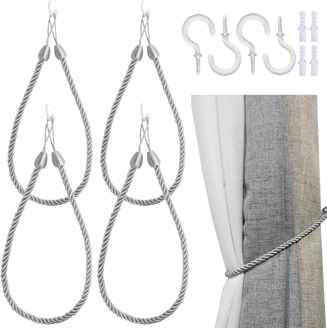 Rope Curtain Tiebacks for Hanging Drapes, Long Curtain Tie Backs for Curtains with 4 Metal Screw Hooks, Holders Cord for Thin or Thick Window Curtains, Silver 4 Pack