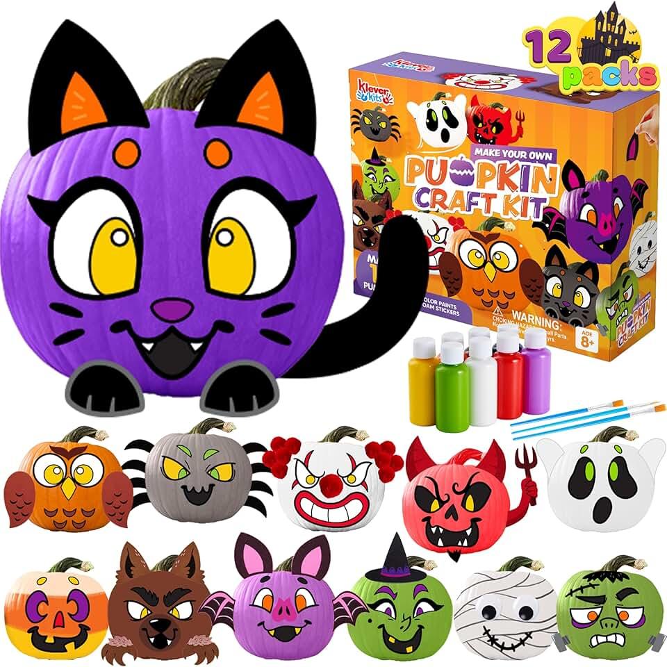 Klever Kits Halloween Craft Pumpkin Decorating Kit, Arts Activities Party Supplies, Party Favors for Kids, Halloween Painting Kit with 12 Designs, DIY Coloring Pumpkin Decor School Game