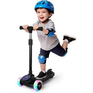 Nattork Kids Scooter for Girls Boys with Light Up Wheels, 3 Adjustable Height Handlebars, Lean-to-Steer Technology, Widen Anti-Slip Deck, 3 Wheel Scooter for kid ages 3-8, Support Riders Up to 110 LBS (Black)
