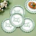 75 Pcs Sage Green Baby Shower Plates and Napkins Party Supplies, Sage Green Baby Shower Decorations, Gingham Paper Plates for Gender Neutral Oh Baby Decor, Scalloped, Serve 25 Guests
