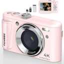 Digital Camera, 4K Vlogging Camera with 64MP, Point and Shoot Digital Cameras with 18X Zoom, Anti-Shake, Mode Dial, 32GB SD Card, Card Reader, Charger, Compact Small Cameras, Pink