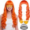 PLULON Orange Neon Wigs for Women with Heart Sunglasses, Colorful Long Curly Wigs Synthetic Colored Funny Cosplay Hairpieces for Daily Bachelorette Halloween Costume Party Decorations