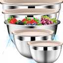 DUTZUN Stainles Steel Mixing Bowls with Lids Set, Stackable Metal Mixing & Serving Bowl with Strainer, 5-Piece - Beige