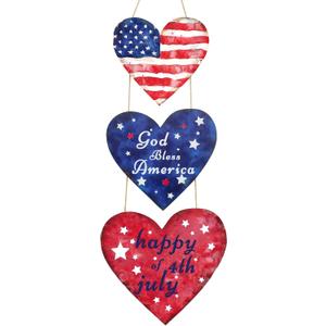 4th of July Decorations Wooden Heart Door Hanger, Patriotic Wreath for Front Door, American Flag God Bless America Hanging Sign, Red White Blue Memorial Day Wall Porch Dcor