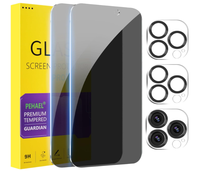 PEHAEL 2+2 Pack for iPhone 15 Pro Privacy Screen Protector with Camera Lens Protector Full Coverage AntiSpy Tempered Glass Film 9H Hardness Easy Installation Bubble Free [6.1 inch]