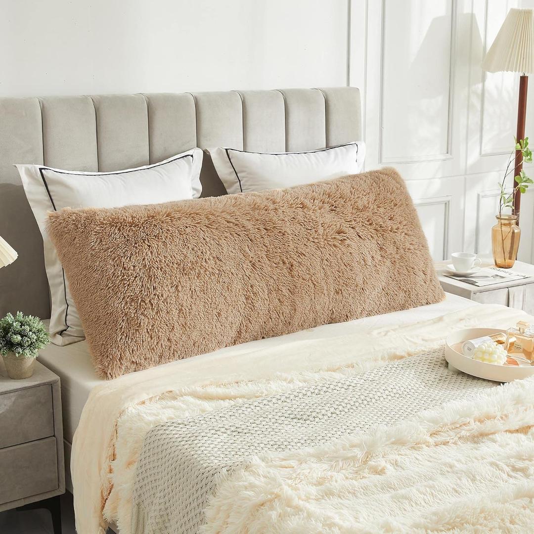 LIFEREVO Body Pillow Cover with Zipper Closure, Luxury Shaggy Ultra Soft Plush Faux Fur Pillowcase 20"x54" for Bed Couch, Microfiber Long Pillow shams for Adults Pregnant Women/Mother/Wife(Camel)