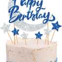 Moon Cake Topper, Moon and Stars Cake Topper for Birthday Cake Decorations, 7PCS Navy Blue and Silver Happy Birthday Cake Toppers for Stars and Moon Party Decorations