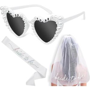 JoyChoi Bachelorette Party Accessories for Bride  3-Piece Kit with Heart Sunglasses, Bride Sash & Veil  Cute Bridal Shower Decorations & Engagement or Wedding Gift Set for Women