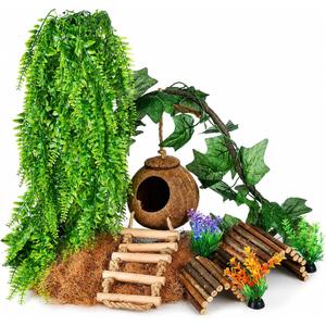 HERCOCCI Crested Gecko Tank Accessories, Reptile Hanging Plants Vines with Natural Coconut Shell Hideout & Climbing Ladder Decor for Hermit Crab Lizard Leopard Gecko Chameleon Snake Terrarium Decor