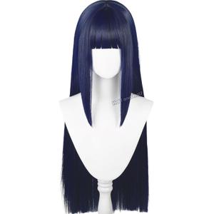 Half and Half Long Straight Blue Black Anime Wig with Bangs 31.5'' Dark Blue Nin-ja Costume Wigs Synthetic Hair for Women Halloween Party Daily