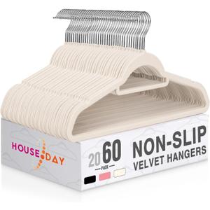 HOUSE DAY Velvet Hangers with Tie Bar 60 Pack Ivory, Clothes Hanger Non-Slip, Space Saving Felt Hangers for Pants, Coat, Suits, Shirt, Scarf, No Hanger Marks