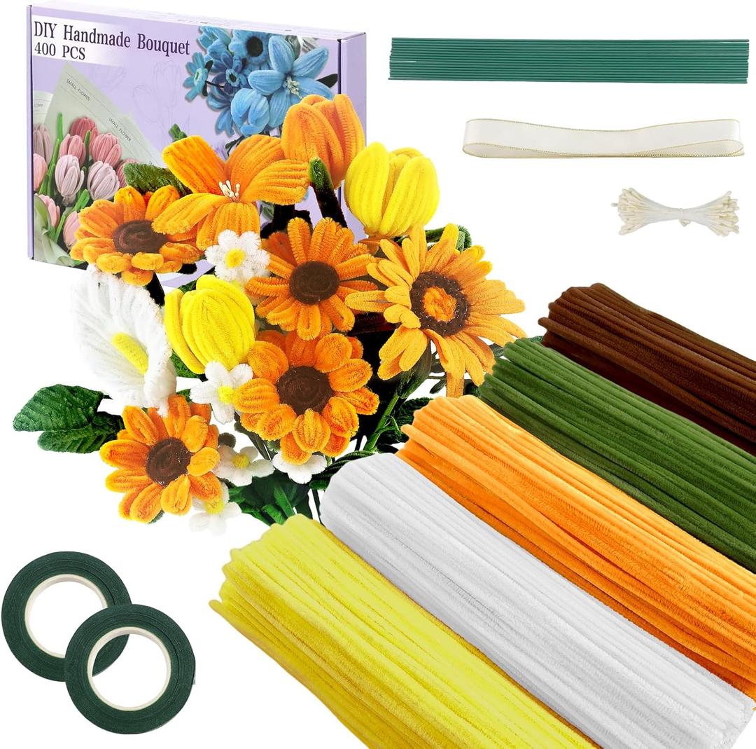 400 Pcs Pipe Cleaners Craft,5 Assorted Colors Pipe Cleaners Bulk, Chenille Stems for DIY Flower Making Kit with Floral Wires, Gardening Tape,Stamen& Ribbon (Sunflowers)