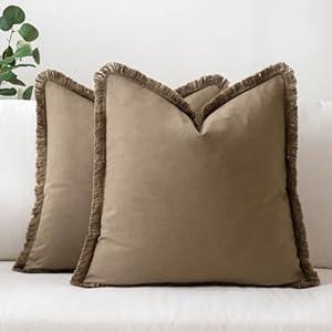 MIULEE Throw Pillow Covers Boho Farmhouse 22x22 Set of 2 Decorative Beige Couch with Fringe Chic Cotton Pillowcases Home Decor Accents for Cushion Soft Bed Living Room