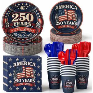 125 Pcs 250th Anniversary Patriotic Party Kit 4th of July Party Supplies Plates Paper Cups Cutlery Napkins for 4th of July Decorations Memorial Day Party Supplies