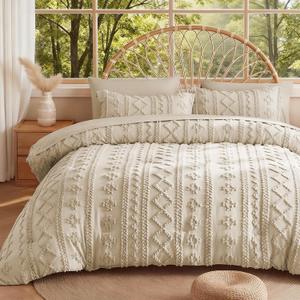MR&HM Tufted Boho Comforter Set Queen, Linen Farmhouse Bedding Set, Bed in a Bag Set 7 Pieces with 1 Comforter, 2 Pillow Shams, 2 Pillowcases, 1 Flat Sheet, 1 Fitted Sheet for All Seasons