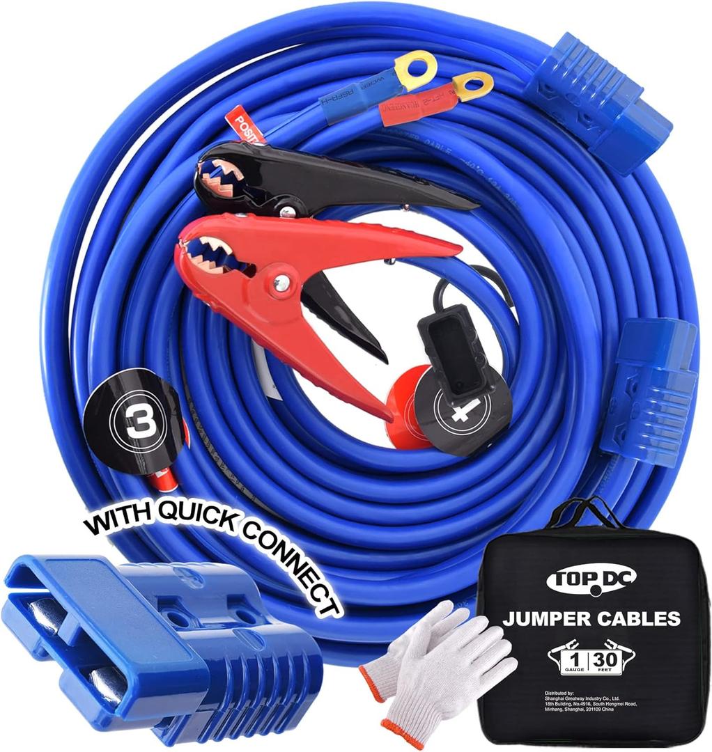 TOPDC Jumper Cables,1 Gauge 30 Feet 800A Booster Cables with UL-Listed Clamps, Heavy Duty Automotive Quick Connect Booster Cables for Car, SUV and Trucks with Carry Bag(TD-S02P0130) (1 Guage-30 FT (Quick-Connect))