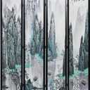 MyGift 4-Panel 6FT Folding Room Divider Asian Watercolor Oriental Landscape and Chinese Calligraphy Design with Freestanding Room Partitioner Screen with Black Wood Frame 63''W x 69''H
