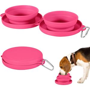 Collapsible Dog Water Bowl 2 in 1 Foldable Pet Food and Water Bowl Portable Cats Dishes with Carabiner Clip for Traveling Hiking Camping Walking (Pink)