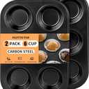 2 Pack 6-Cup Muffin Pan, Heavy-Duty Carbon Steel Nonstick Cupcake Baking Pan, 2.56 Standard Size Cups, Compact 10.43 x 7.28 Design, Oven & Dishwasher Safe (Black)