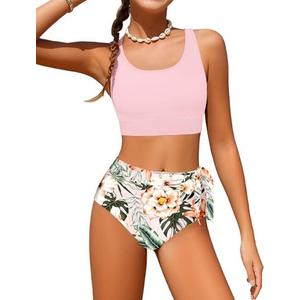 ADIRUN Girl Swimsuit Bikini Set Tropical Print Bathing Suit Two Piece Girls' Swimwear with Tie Side Knot 13-14 Year