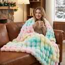 JONIYEAR Large Decorative Colorful Bubble Faux Rabbit Fur Bed Blanket Full Size 70" x 80", Soft Thick Warm Fluffy Blankets for Winter, Luxury Shag Big Cozy Fuzzy Furry Blanket for Women Girls, Rainbow