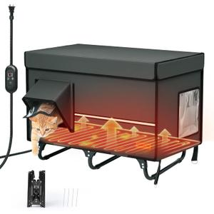 X-Large Collapsible Heated Cat House - Metal Frame, 100% Insulated Waterproof Outdoor Stray Cat Shelter with Heating Pad & Escape Door,Temperature Control & Timer, Warm Shelter for Cats, Grey