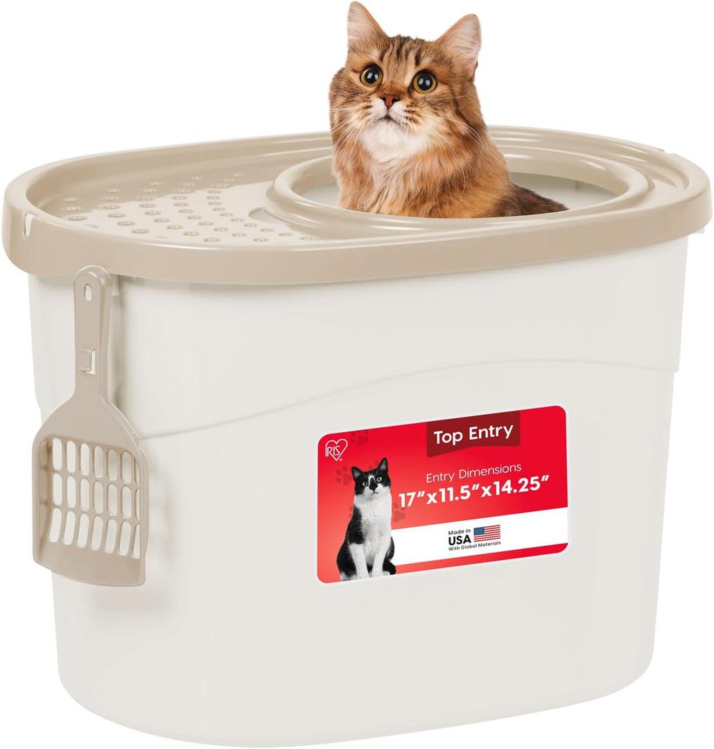 IRIS USA Cat Litter Box Large Top Entry with Lid Enclosed Covered Hooded Design Litter Catching Scatter Shield Pan Dog Proof Pet Proof Scoop Included Odor Control for Indoor Cats Kittens White/Beige