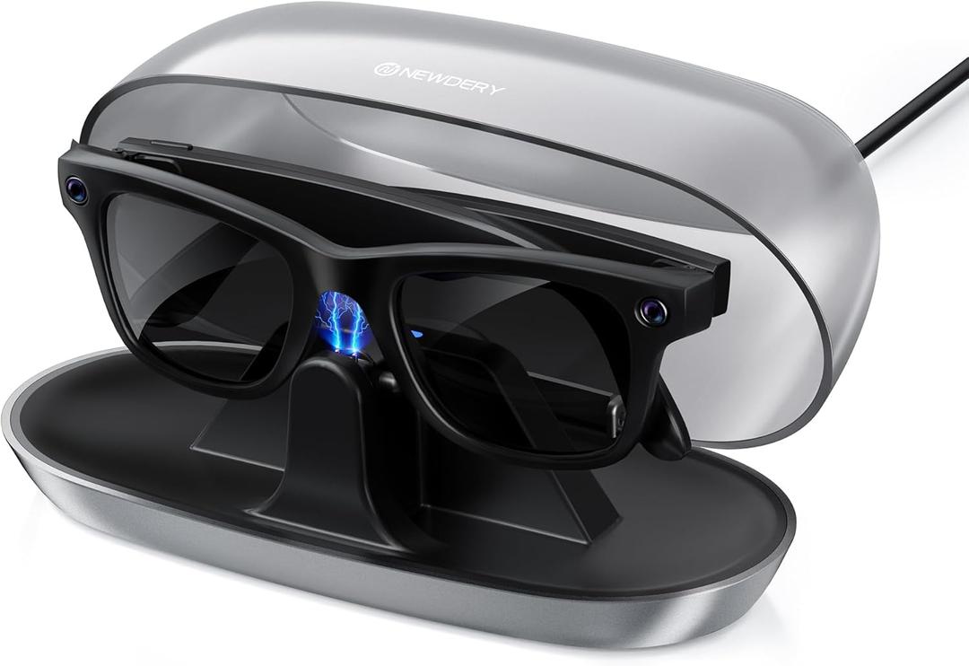 NEWDERY Charger for Ray-Ban Meta Smart Glasses, Portable Charging Dock with Dust Cover & LED Indicator, Fast Charging Compatible with Wayfarer, Skyler, Headliner - Silver