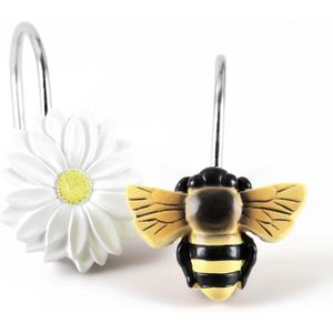 Daisy & Bee Shower Curtain Hooks: Cute Decorative Resin Flower Hooks with Rustproof Stainless Steel Rings - Spring Summer Garden Farmhouse Cottage Nature Inspired Bathroom Living Room Bedroom Décor